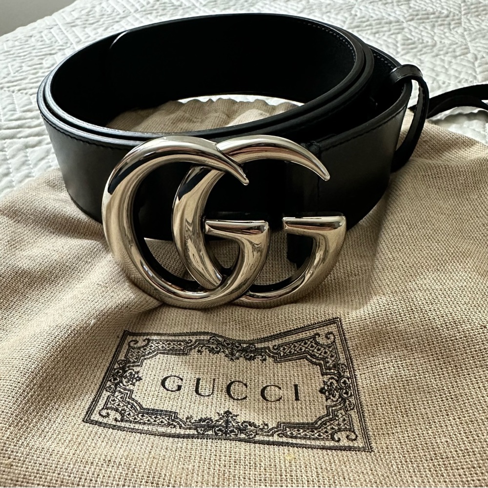 Gucci Marmont Belt - Double GG Buckle - Size 90 - Black Leather, Silver Hardware